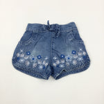 Flowers Embroidered Mid Blue Denim Shorts - Girls 0-3 Months