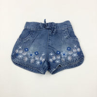 Flowers Embroidered Mid Blue Denim Shorts - Girls 0-3 Months