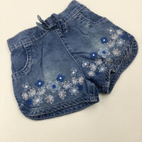 Flowers Embroidered Mid Blue Denim Shorts - Girls 0-3 Months