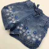 Flowers Embroidered Mid Blue Denim Shorts - Girls 0-3 Months