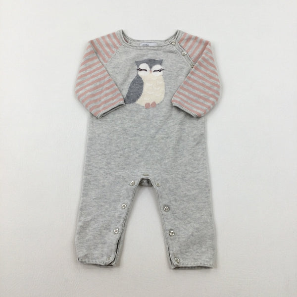 Sleepy Owl Grey & Pink Striped Knitted Romper - Girls 3-6 Months