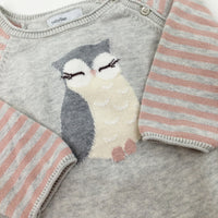 Sleepy Owl Grey & Pink Striped Knitted Romper - Girls 3-6 Months