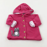 Cat Appliqued Pink Lined Knitted Jacket/Hoodie - Girls 0-3 Months