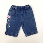 Colourful Flowers Embroidered Blue Denim Jeans - Girls 3-6 Months