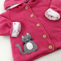 Cat Appliqued Pink Lined Knitted Jacket/Hoodie - Girls 0-3 Months