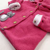 Cat Appliqued Pink Lined Knitted Jacket/Hoodie - Girls 0-3 Months