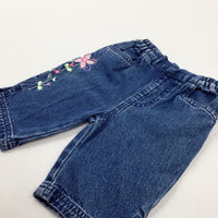 Colourful Flowers Embroidered Blue Denim Jeans - Girls 3-6 Months