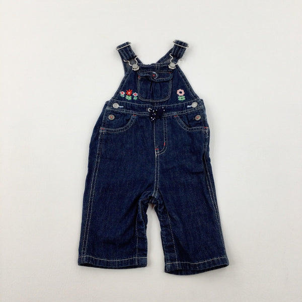 Colourful Flowers Blue Denim Dungarees - Girls 3-6 Months
