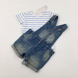 **NEW** Blue Striped T-Shirt & Blue Denim Dungarees Set - Girls 6-9 Months