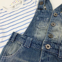 **NEW** Blue Striped T-Shirt & Blue Denim Dungarees Set - Girls 6-9 Months