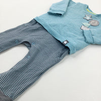 'Little Wanderer' Star Appliqued Blue & Grey Striped Romper With Attached Jumper  - Boys 3-6 Months