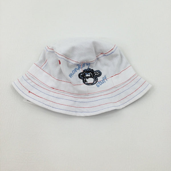 **NEW** 'Monkey Stuff' Monkey Appliqued White Sun Hat - Boys 6-9 Months