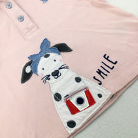 'Smile' Dog & Camera Appliqued Pale Pink Polo Shirt - Girls 18-24 Months