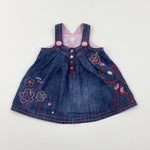 'Little Flower' Embroidered Mid Blue Denim Dungaree Dress - Girls 3-6 Months