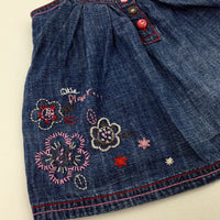 'Little Flower' Embroidered Mid Blue Denim Dungaree Dress - Girls 3-6 Months