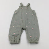 Flowers Embroidered Khaki Dungarees - Girls 3-6 Months