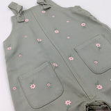 Flowers Embroidered Khaki Dungarees - Girls 3-6 Months