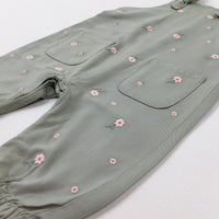 Flowers Embroidered Khaki Dungarees - Girls 3-6 Months