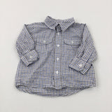 Blue & Grey Checked Long Sleeve Shirt - Boys 3-6 Months