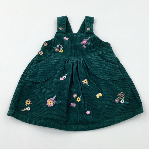 Flowers Embroidered Green Cord Dungaree Dress  - Girls 3-6 Months