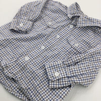 Blue & Grey Checked Long Sleeve Shirt - Boys 3-6 Months