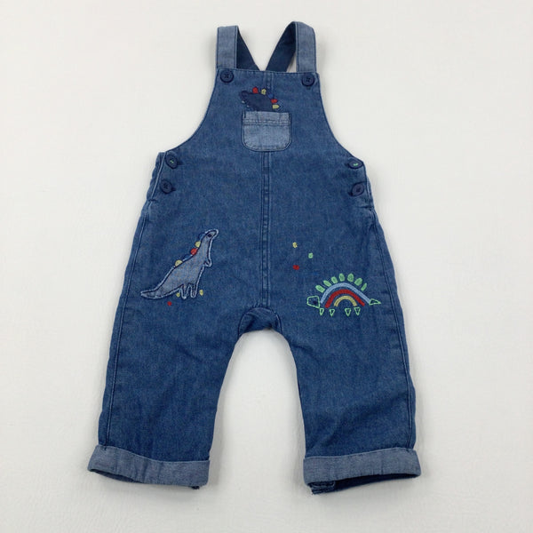 Dinosaur Appliqued Mid Blue Denim Lined Dungarees - Boys 3-6 Months