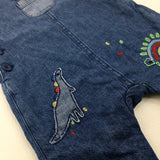 Dinosaur Appliqued Mid Blue Denim Lined Dungarees - Boys 3-6 Months