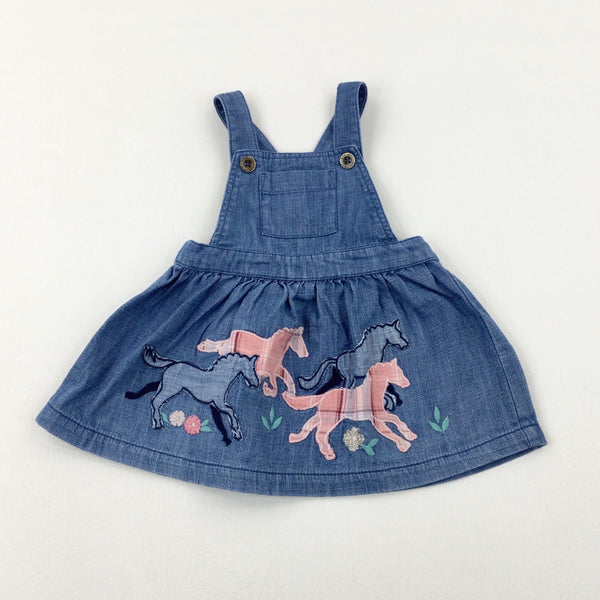 Horses Appliqued Mid Blue Denim Dungaree Dress - Girls 3-6 Months