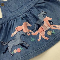 Horses Appliqued Mid Blue Denim Dungaree Dress - Girls 3-6 Months