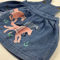 Horses Appliqued Mid Blue Denim Dungaree Dress - Girls 3-6 Months