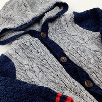 Grey & Navy Fleece Lined Knitted Hoodie - Boys 6-9 Months