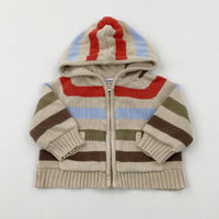 Orange & Green Striped Beige Knitted Hoodie - Boys 6-9 Months