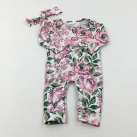 Flowers Pink & White Jersey Romper & Headband Set - Girls 6-9 Months