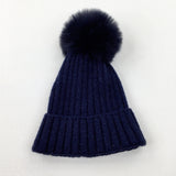 Sparkly Navy Knitted Winter Bobble Hat - Girls 6-9 Months