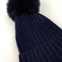 Sparkly Navy Knitted Winter Bobble Hat - Girls 6-9 Months