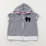 Bow Appliqued Navy Striped Short Sleeve Velour Hoodie - Girls 6-9 Months