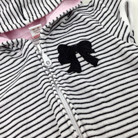 Bow Appliqued Navy Striped Short Sleeve Velour Hoodie - Girls 6-9 Months