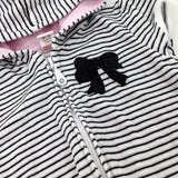 Bow Appliqued Navy Striped Short Sleeve Velour Hoodie - Girls 6-9 Months