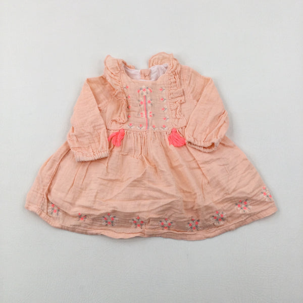 Flowers Embroiderd Orange Dress - Girls 3-6 Months