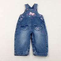 Butterfly Appliqued Mid Blue Denim Dungarees - Girls 6-9 Months