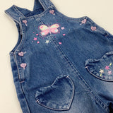 Butterfly Appliqued Mid Blue Denim Dungarees - Girls 6-9 Months