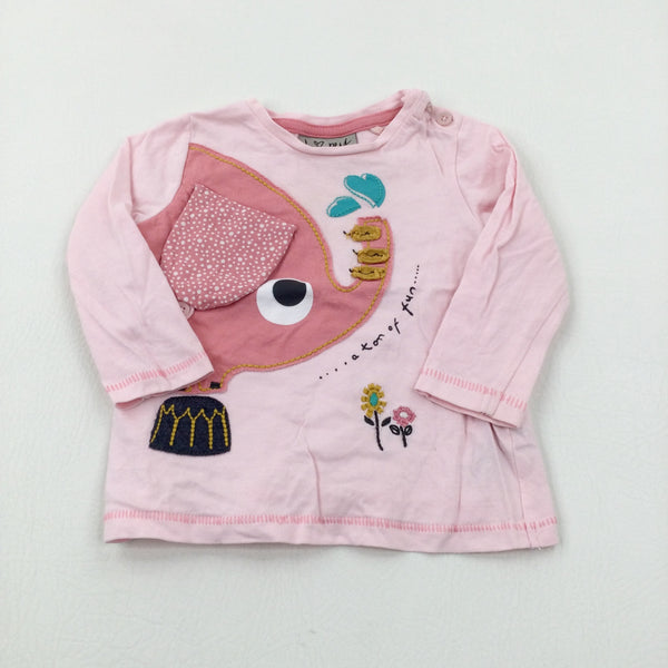 'A Ton Of Fun' Elephant Appliqued Pink Long Sleeve Top - Girls 3-6 Months