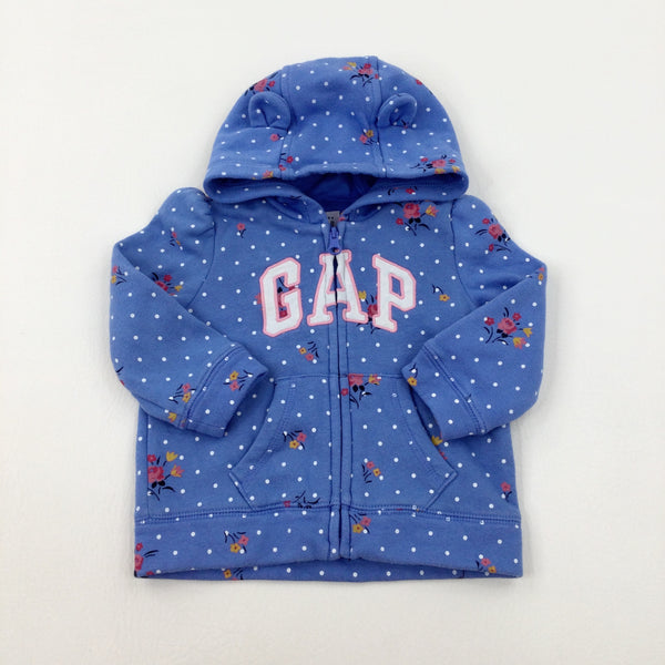 'Gap' Colourful Flowers Spotty Blue Hoodie - Girls 6-9 Months