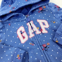 'Gap' Colourful Flowers Spotty Blue Hoodie - Girls 6-9 Months