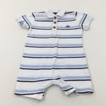 Car Embroidered Blue Striped Jersey Romper - Boys 9-12 Months