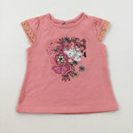 Colourful Flowers Appliqued Coral T-Shirt - Girls 9-12 Months