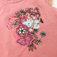 Colourful Flowers Appliqued Coral T-Shirt - Girls 9-12 Months