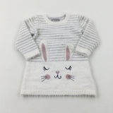 Bunny Embroidered White Striped Fluffy Knitted Dress - Girls 9-12 Months