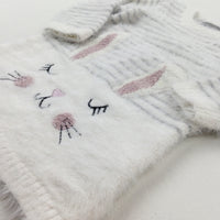 Bunny Embroidered White Striped Fluffy Knitted Dress - Girls 9-12 Months