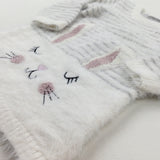 Bunny Embroidered White Striped Fluffy Knitted Dress - Girls 9-12 Months